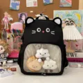 Zaino ita gatto nero carino con tasca frontale trasparente, grande borsa scolastica. - Nero