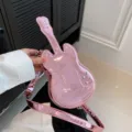 Pink guitar shaped crossbody bag shiny patent leather unique cute shoulder bag for women - Guitar Shape / Pink