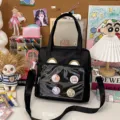 Black canvas ITA bag with transparent front pocket, cute bear ears design, perfect for anime fans. - Black
