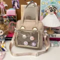 Cute canvas ita bag with bear ears and clear front mesh pocket, stylish shoulder bag for anime fans. - Dark Brown
