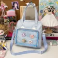 Light blue ita bag with bear ears, clear mesh window for pins and cute anime style design. - Light Blue