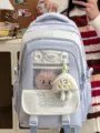 Süßer Pastell Schüler Rucksack, große Kapazität High School Schultasche mit Plüschanhänger Netztasche. - Nur Tasche (Kein Anhänger) / Blau