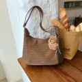 Brown shoulder bag for women, stylish hobo tote handbag with cute plush dog keychain charm. - With Pendant / Coffee