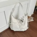 White shoulder bag for women, cute hobo dumpling bag with bowknot and rabbit plush pendant. - With Pendant / Off White