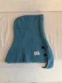Blue knit balaclava hood scarf combination detail, warm winter cold weather accessory with buttons. - Teal