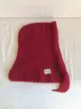 Detailed view of the red knitted balaclava, showing texture, buttons, and brand label. - Burgundy