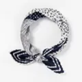 Close-up detail of a stylish navy blue and white geometric polka dot silk scarf. - Pleated Style / Grey Blue Polka Dot