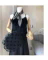 Korean style pleated small square scarf with black faux fur top and dotted mesh hat detail. - Style 3
