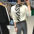 Black and white striped silk-like square scarf for professional wear or daily styling. - Black and White Striped / 70x70cm