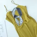 Elegant women summer yellow silk satin slip dress with fashionable printed long scarf accessory. - Angel By Side / 90x5cm