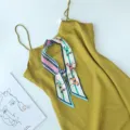 Narrow silk scarf with horse print, yellow camisole dress matching ribbon, stylish. - Horse Sky Blue Border / 90x5cm