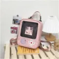 Mochila ita Gamepad de PU rosa kawaii con ventana transparente, linda mochila de estudiante. - Rosa