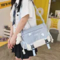 Korean style color block messenger bag canvas casual shoulder bag for student girls. - With Bear Pendant / Blue