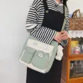 Korean style canvas messenger bag fresh sweet color block crossbody bag cute student book bag - With Bear Pendant / Green