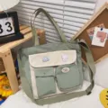 Korean style vintage canvas tote bag cute casual shoulder crossbody bag for student school - No Pendant / Green