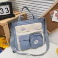Korean style canvas shoulder bag, multi-pocket casual student crossbody bag for daily use. - No Pendant / Blue