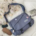 Casual canvas messenger bag, Japanese retro style crossbody bag for students, large capacity. - No Pendant / Blue