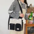 Korean style canvas cross-body bag for women, retro multi-pocket shoulder bag casual. - With Bear Pendant / Black