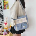Canvas Crossbody Bag Light Blue Beige Student Shoulder Tote Bag Casual Cute Daily - With Bear Pendant / Blue
