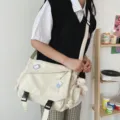 Japanese Harajuku style canvas messenger bag casual student crossbody large capacity bag - With Bear Pendant / White