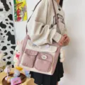 Korean style canvas crossbody bag with multi pockets cute plush bear pendant for students daily use. - With Bear Pendant / Pink
