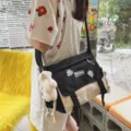 Korean style colorblock canvas messenger bag, casual vintage shoulder bag with cute bear. - With Bear Pendant / Black