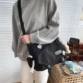 Casual Japanese Harajuku messenger bag large capacity crossbody student bag for daily use - With Bear Pendant / Black