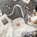 White sherpa plush crossbody bag with cute bear embroidery, soft casual shoulder handbag. - White Without Pendant