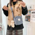 Cute Japanese vintage style fleece crossbody bag with adorable bear pendant for women. - Blue With Bear Charm