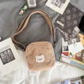 Cute fluffy bear plush crossbody bag, vintage Japanese style lamb wool shoulder bag. - Brown No Pendant