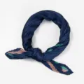 Detail view of the elegant pleated navy blue silk scarf with pink and green stripes. - Pleated Style / Navy Blue Border