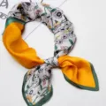 Women floral satin silk square scarf 70cm elegant neckerchief yellow green design - Yellow