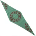 Detailed view of green knitted triangle scarf with brown letter and heart knit patterns. - 140x30cm / Green