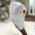 Winter thermal windproof fleece hat integrated face mask and neck warmer for cycling outdoor - One Size / Light Gray