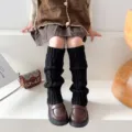 Children winter thick warm knitted leg warmers solid color girls cute stack socks - One Size / Black