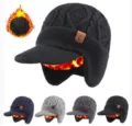 Winter warme gefütterte Strickmütze mit Ohrenklappen und Schirm für Damen und Herren Kälte. - Einheitsgröße / Schwarz