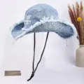 Distressed denim bucket hat for women men, casual frayed sun hat with windproof chin strap. - Light Blue