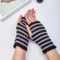 Black and grey striped fingerless knit gloves, soft warm winter gloves for women. - Black Grey Stripe