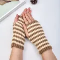 Knitted Striped Fingerless Gloves Brown White Winter Warm Wrist Guard For Women - Khaki Beige Stripe