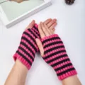 Knit striped fingerless gloves women winter warm cute wrist arm warmer writing gloves - Rose Black Striped