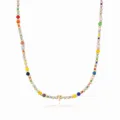 Detailed close-up of bohemian colorful rice bead necklace featuring a gold letter T pendant. - Letter T (NE0446 T)