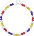 Dettaglio di una collana con sfere di strass colorate e catenella di regolazione metallica. - Bianco, giallo, rosso e blu