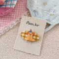 Cute puppy embroidery hair clip on gingham checkered oval base - Yellow Plaid Dog