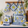 Küchenset mit Zitronenmuster, Schürze, Topfhandschuh, Topflappen und Handtuch - Blaues Zitronen-4er-Set
