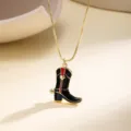 Gold box chain necklace showcasing an enamel cowboy boot pendant with cute heart detail. - Black