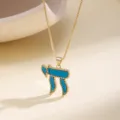 Close-up view of the golden chain necklace featuring a blue turquoise-inlaid Chai pendant. - Blue Enamel Symbol Style (N2152) / Light Blue