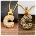 Gold Letter C Pendant Necklace Micro Paved Colorful Zircon Bubble Ball Choker Jewelry Variant - Gold / Letter C