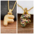 Gold micro-pave cubic zirconia bubble letter F pendant necklace, stylish jewelry. - Letter F