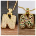 Gold bubble letter N pendant necklace with micro pave cubic zirconia for women stylish jewelry - Letter N
