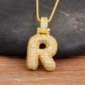 Collier pendentif lettre R effet bulle plaque or avec zirconiums brillants tendance - Lettre R